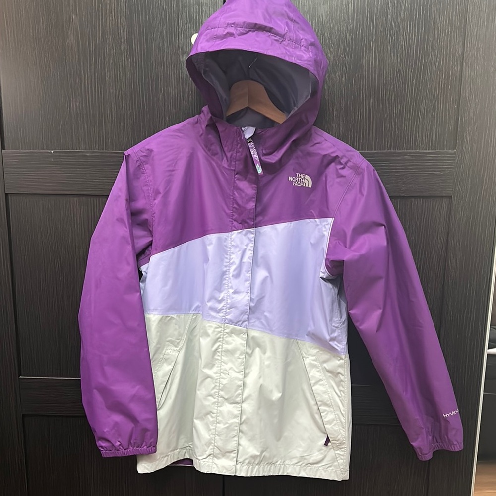 The North Face Purple and Gray Raincoat with Color Blocking Design and Hood